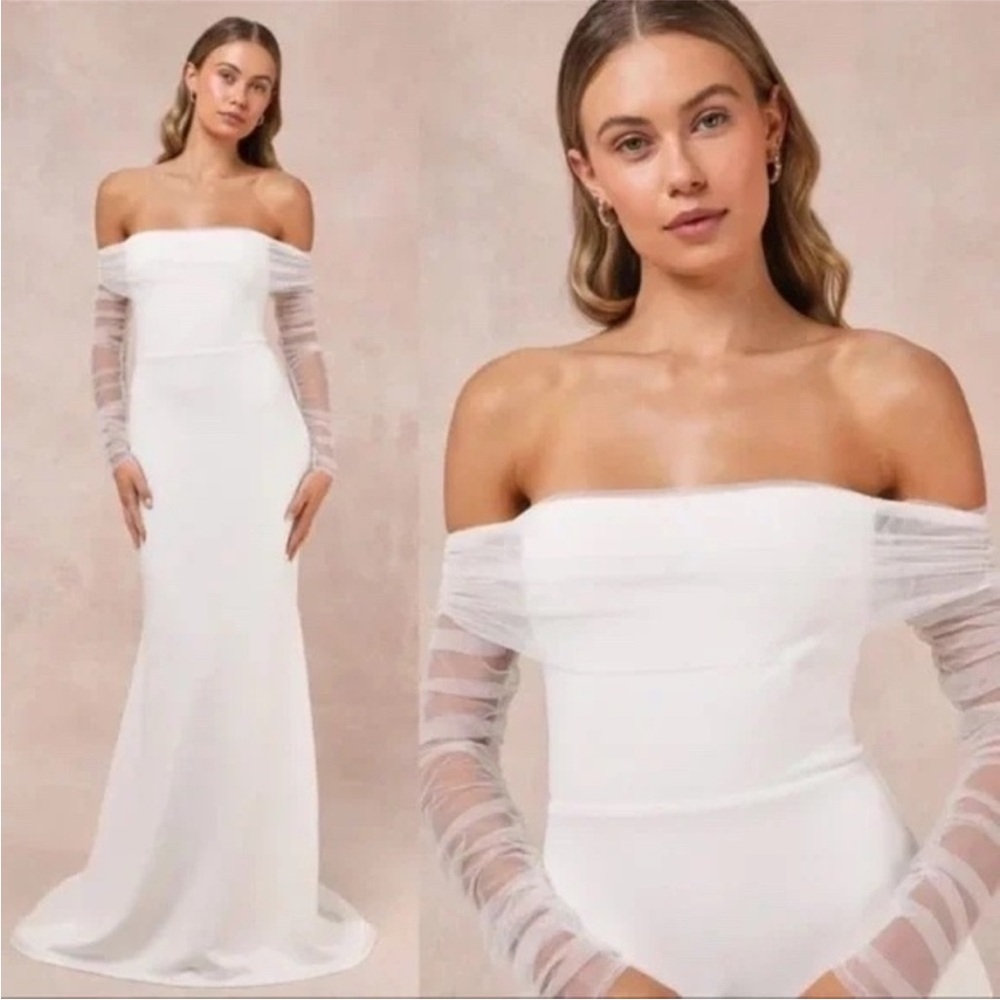 Lulu's White Strapless Off-Shoulder Mesh Sleeve Gown